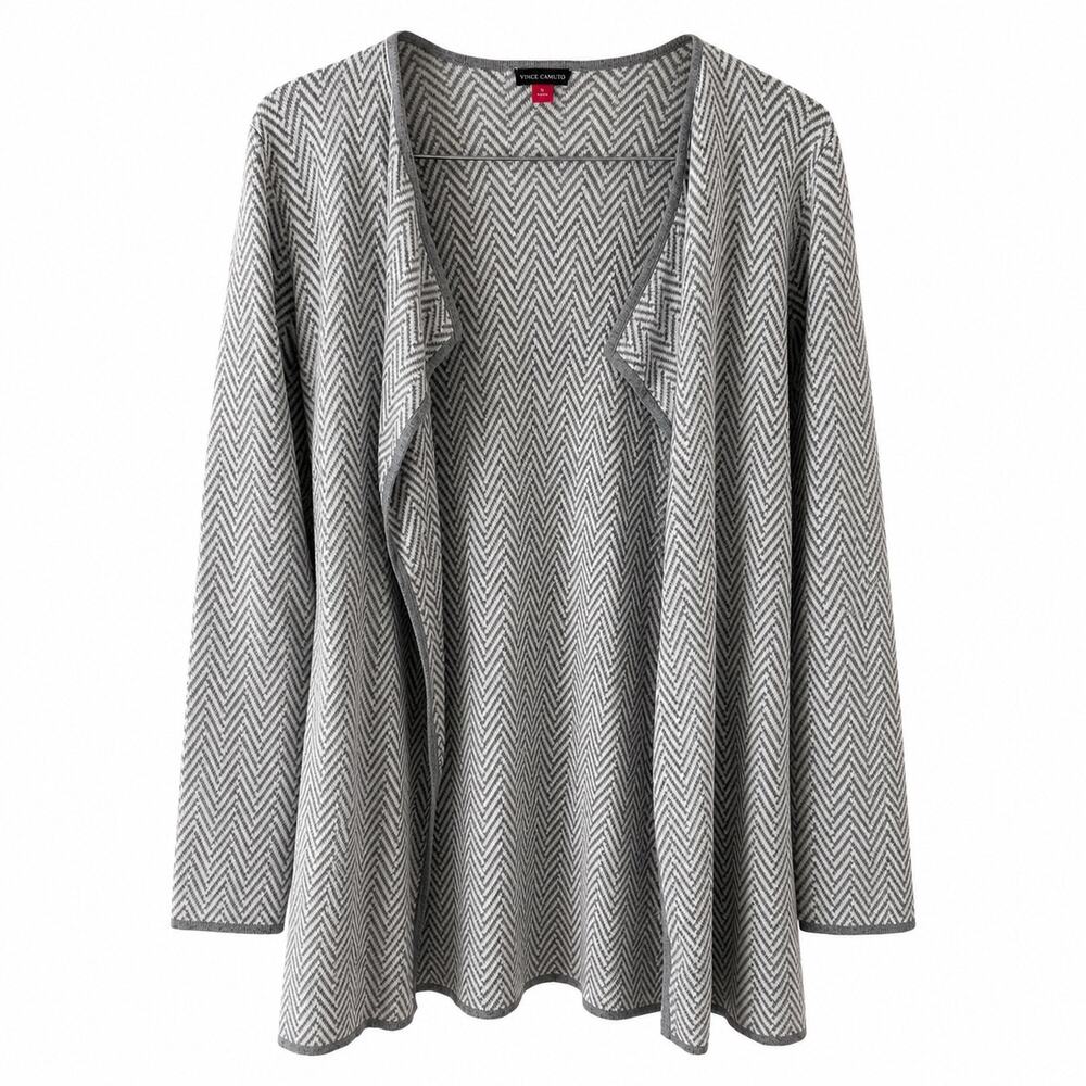 Vince Camuto Cotton Herring bone open front cardigan in grey and white Women S